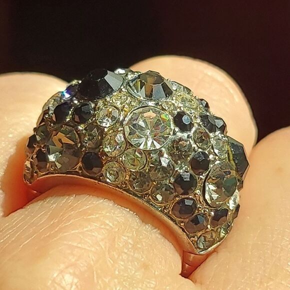 Vintage Black, Grey, White/Clear Rhinestone Statement Ring - Adjustable Band - Picture 6 of 12